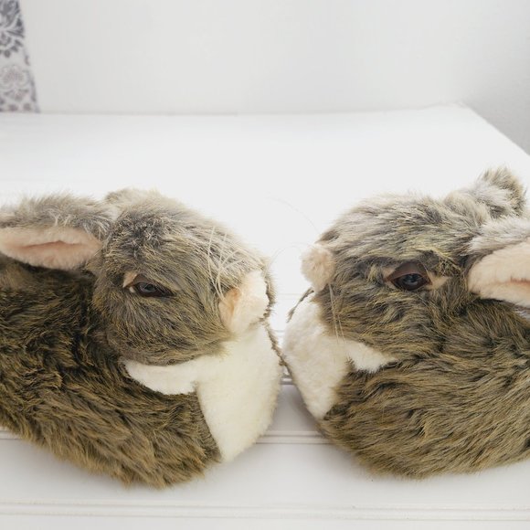 Novelty Plush Slippers Rabbit/ Bunny Faux Fur Brown and Tan Size M (7-8) - Picture 1 of 13